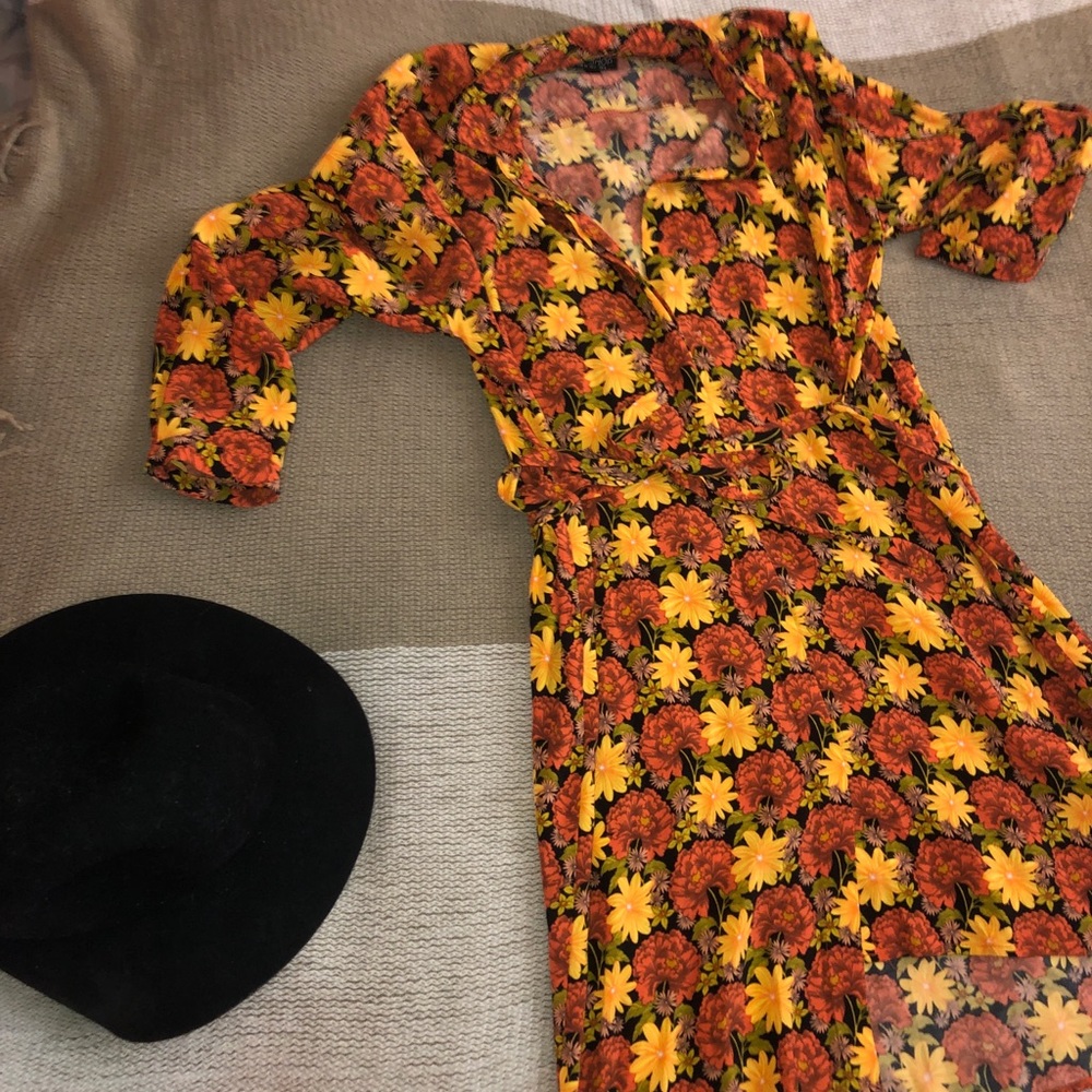 Yellow and Orange Floral long sleeve midi dress